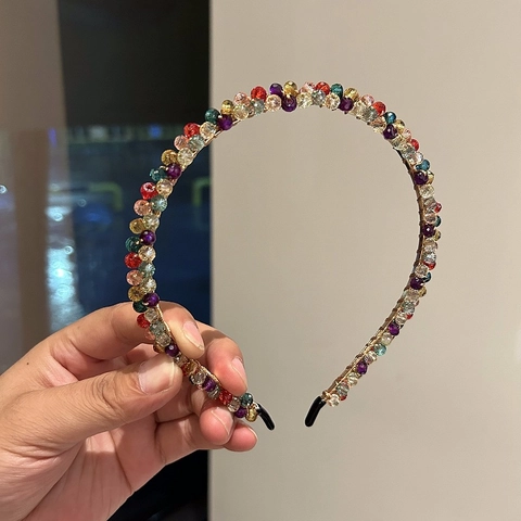 Handmade Colorful Artificial Crystal Beaded Headband Korean Style Thin Hair Hoop Women Glitter Hair Accessories