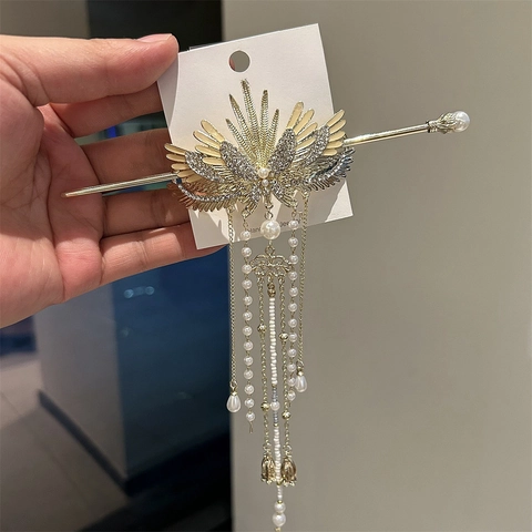 Bastoncino per Capelli con Nappa ad Ala in Stile Cinese Vintage Elegante Lega d'Oro Strass Perla Artificiale Gioielli Hanfu da Donna