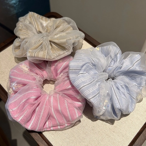 Dolce Elastico per Capelli a Righe in Tessuto a Rete con Paillette Floreali Elegante Elastico per Capelli per Donna