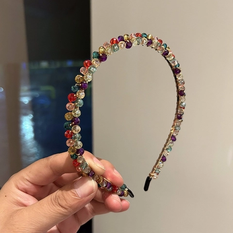 Handmade Colorful Artificial Crystal Beaded Headband Korean Style Thin Hair Hoop Women Glitter Hair Accessories