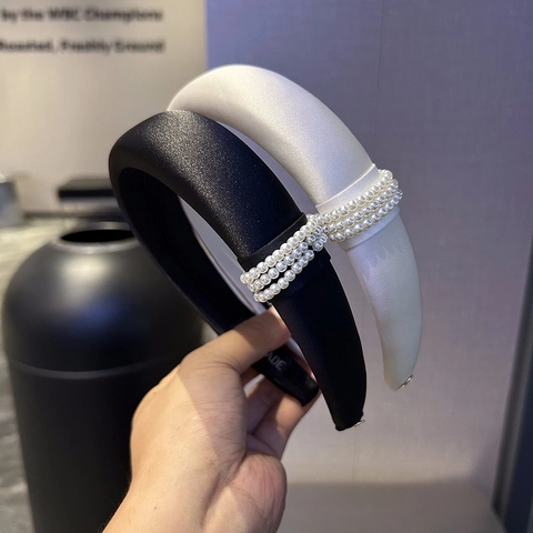 Eleganter Gepolsterter Satin Haarreif Für Damen Vintage Kunstperlen Dekor Breites Haarband Handgefertigter Haarschmuck