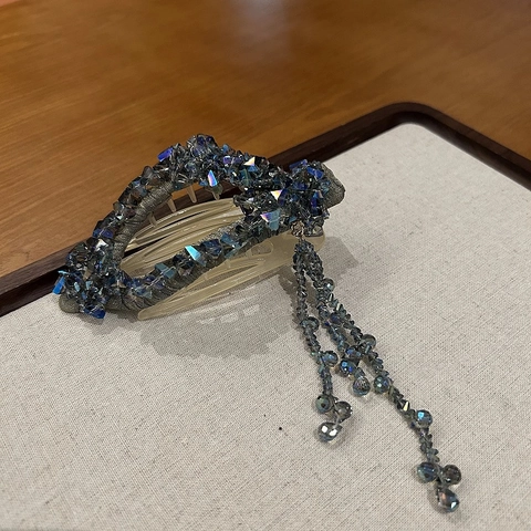 Lussuosa Pinza per Capelli in Stile Coreano Con Cristallo Blu Finto Fiore Nappa Elegante Accessori per Capelli Donna Gioielli