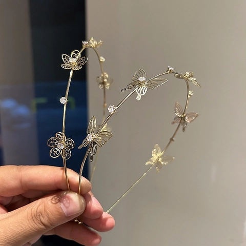 Fashion Gold Alloy Rhinestone Butterfly Flower Hollow Headband Elegant Wedding Party Hair Accessories For Women Jewelry