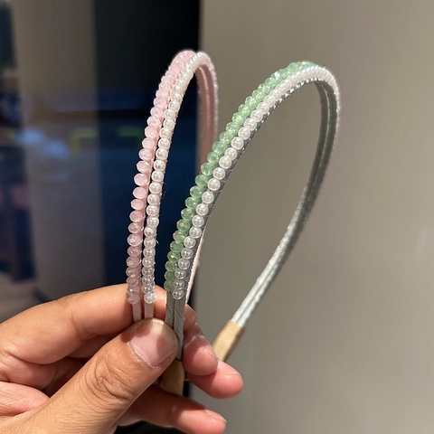 Handgemaakte Dubbele Rij Kunstparel Kristal Kralen Stirnband Fris Zoet Mode Haarring Hoofddeksel Voor Vrouwen Dagelijks