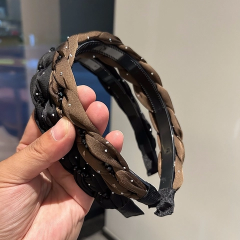 Serre-Tête Tressé en Strass pour Femmes Rembourré Large Cerceau à Cheveux Antidérapant Fait Main Accessoires Cheveux