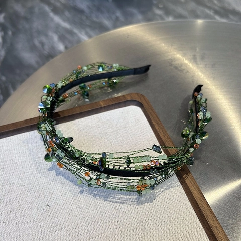Serre-tête Vert Tissé à la Main de Style Forêt de Luxe Avec Perles en Cristal Artificiel Colorées Accessoires Cheveux Femme