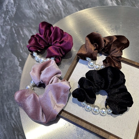 Eleganti Scrunchies in Velluto per Donna Stile Coreano Elastici per Capelli Plissettati con Decorazione di Perle Artificiali