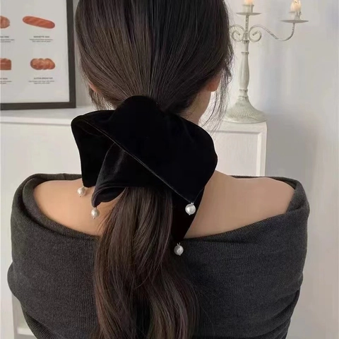 Elegante Elastico Per Capelli Quadrato In Velluto Con Fiocco E Perle Artificiali Retrò Autunno Inverno Decorazione Coda Di Cavallo Donna