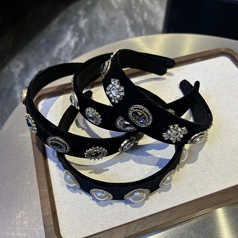 Diadema Ancha de Satén Negro Vintage Con Decoración de Perlas Artificiales Y Strass Accesorio para El Cabello Retro Elegante para Mujer Fiesta