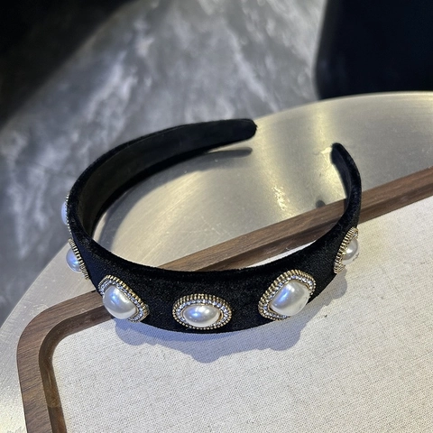 Diadema Ancha de Satén Negro Vintage Con Decoración de Perlas Artificiales Y Strass Accesorio para El Cabello Retro Elegante para Mujer Fiesta