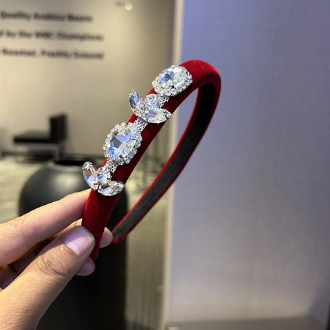 Diadema de Tela Roja Retro Con Grandes Diamantes de Imitación Aro de Pelo de Moda para Mujeres Accesorios para el Cabello Regalo