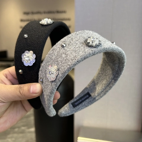 Diadema Acolchada Vintage Francés para Mujer Ancha Terciopelo Lana Lentejuela Strass Flor Remache Hecho a Mano Accesorios Pelo