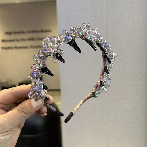 Diadema Hecha a Mano de Cristal Artificial Flores Ola Cuentas Banda para el Pelo Corona Alta Clip Antideslizante Tocado Elegante Mujer