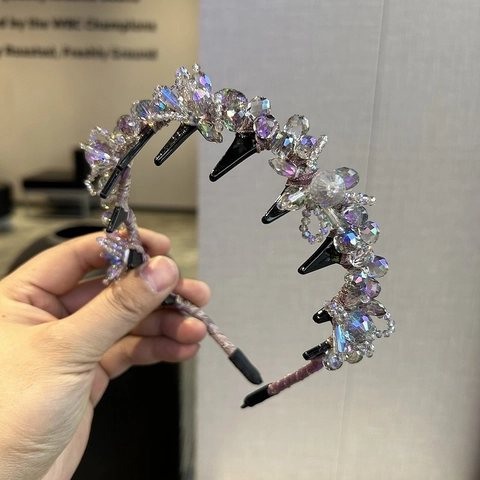Diadema Hecha a Mano de Cristal Artificial Flores Ola Cuentas Banda para el Pelo Corona Alta Clip Antideslizante Tocado Elegante Mujer