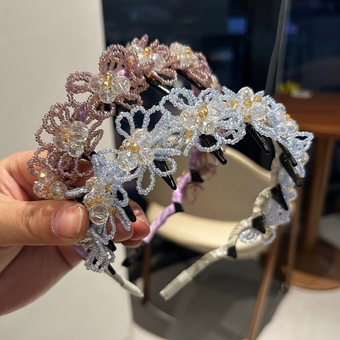Elegant Crystal Flower Headband For Women Handmade Beaded Hair Band With Non-Slip Teeth French Style Floral Hair Accessories