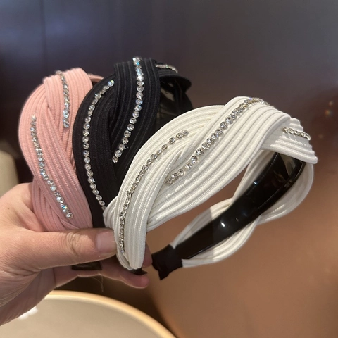Cerchietto da Donna Alla Moda con Strass e Nodo a Croce Bordo Largo in Tessuto a Costine Vintage Antiscivolo Accessori Capelli