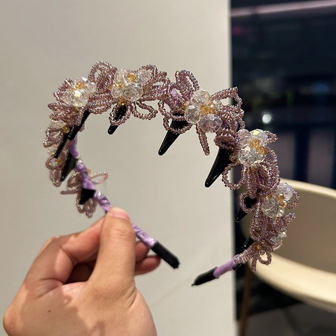 Elegant Crystal Flower Headband For Women Handmade Beaded Hair Band With Non-Slip Teeth French Style Floral Hair Accessories