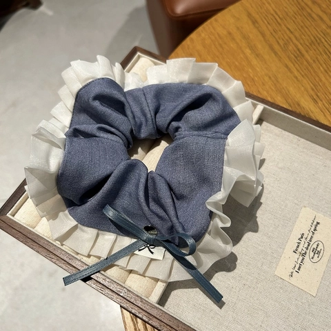 Franse Elegante Strik Scrunchies Grote Haarelastiek Voor Dames Meisjes Kant Roffelrand Denim Stijl Stof Elastische Paardenstaarthouder Accessoires