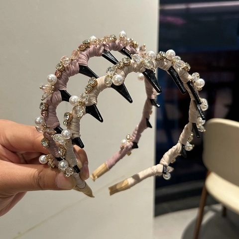 Diadema de Lujo con Perlas Artificiales y Strass con Dientes Antideslizante Satén Elegantes Accesorios de Pelo Mujer