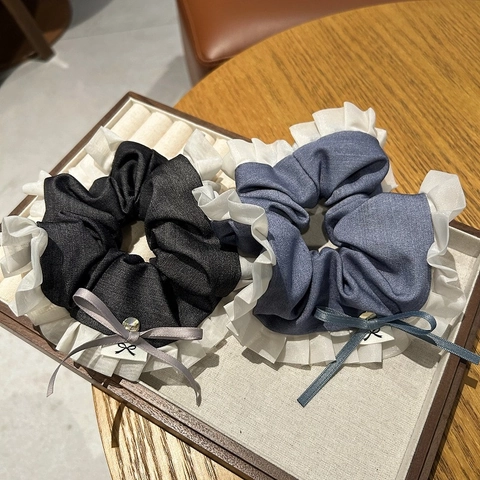 Franse Elegante Strik Scrunchies Grote Haarelastiek Voor Dames Meisjes Kant Roffelrand Denim Stijl Stof Elastische Paardenstaarthouder Accessoires