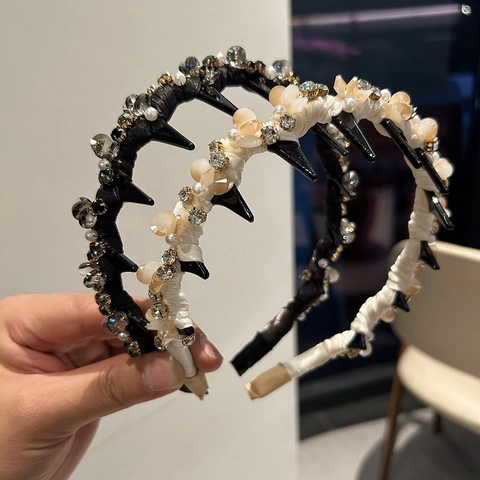 Handmade Crystal Beaded Headband For Women Heavy Craft Rhinestone Artificial Pearl Padded Non-Slip Teeth Hair Band Accessory