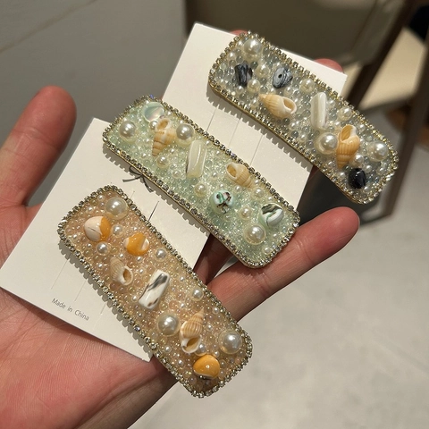 Pinza para el Pelo BB Rectangular de Perla Artificial y Concha Dulce Estilo Océano Vintage Clip Lateral Accesorio para Mujer