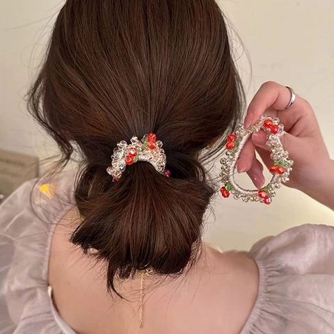Handgefertigtes Kirsch Kristall Perlen Haargummi Dual Use Haargummi Armband Für Damen Süßes Obst Design Elastischer Perlen Haarring
