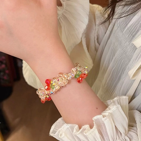 Handgefertigtes Kirsch Kristall Perlen Haargummi Dual Use Haargummi Armband Für Damen Süßes Obst Design Elastischer Perlen Haarring