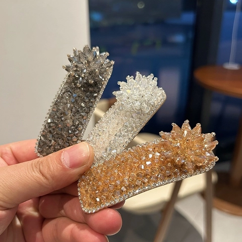 Luxurious Crystal Flower Hair Clip Rectangular Rhinestone Barrettes Women Elegant Korean Style Bangs Side Hair Accessory