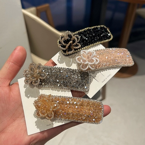 Luxurious Artificial Crystal Flower Hair Clip Rectangular Full Rhinestone Snap Clip For Women Sweet Handmade Hair Accessory