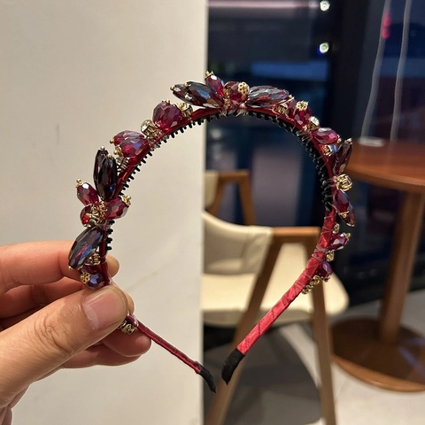 Cerchietto Vintage di Lusso Rosso Vino in Cristallo Artificiale Strass Elegante Fascia per Capelli per Matrimonio Donna