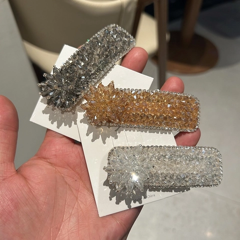 Luxurious Crystal Flower Hair Clip Rectangular Rhinestone Barrettes Women Elegant Korean Style Bangs Side Hair Accessory
