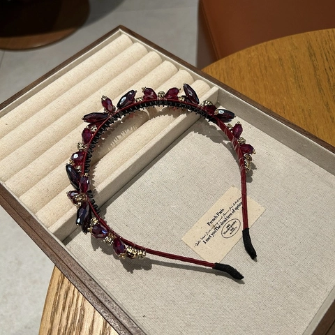 Cerchietto Vintage di Lusso Rosso Vino in Cristallo Artificiale Strass Elegante Fascia per Capelli per Matrimonio Donna