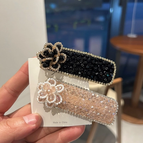 Luxurious Artificial Crystal Flower Hair Clip Rectangular Full Rhinestone Snap Clip For Women Sweet Handmade Hair Accessory