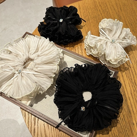 Vintage Pleated Cloth Scrunchies With Ribbon Bow And Rhinestone Sweet Solid Color Hair Ties For Women Hair Accessories