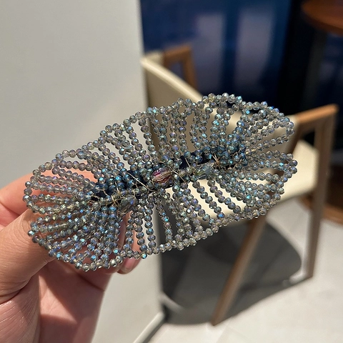 Lussuosa Clip per Capelli Intrecciata a Mano con Perline di Cristallo a Forma di Foglia Elegante Champagne Blu Rosa