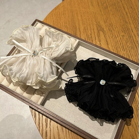 Vintage Pleated Cloth Scrunchies With Ribbon Bow And Rhinestone Sweet Solid Color Hair Ties For Women Hair Accessories