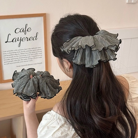 Elegant Double Layer Ruffle Scrunchie Pleated Fabric Hair Tie For Women French Gingham Black Grey Ponytail Holder Fashion Hair Accessories