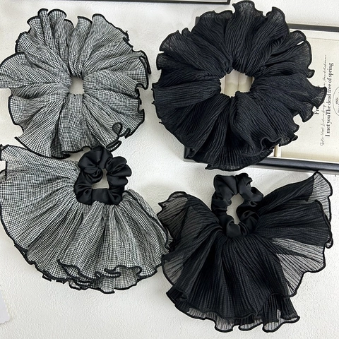 Elegant Double Layer Ruffle Scrunchie Pleated Fabric Hair Tie For Women French Gingham Black Grey Ponytail Holder Fashion Hair Accessories