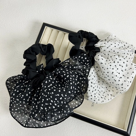 French Style Polka Dot Mesh Scrunchie Large Bow Hair Tie For Women Retro Fairy Pleated Chiffon Satin Hair Accessory