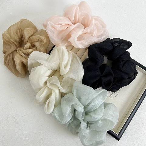 Coletero Grande de Organza y Malla Francés Vintage Plisado Elástico para el Pelo Mujer Accesorio para Coleta Color Sólido