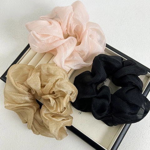 Coletero Grande de Organza y Malla Francés Vintage Plisado Elástico para el Pelo Mujer Accesorio para Coleta Color Sólido
