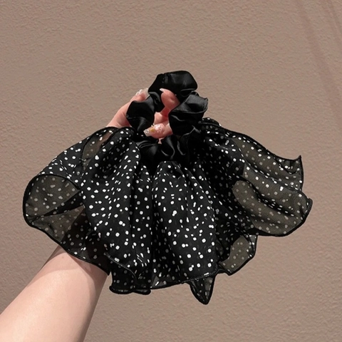 French Style Polka Dot Mesh Scrunchie Large Bow Hair Tie For Women Retro Fairy Pleated Chiffon Satin Hair Accessory
