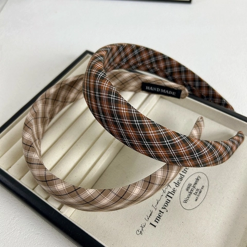 Cerchietto Imbottito a Quadri Vintage da Donna Stile Britannico Largo Spesso Fatto a Mano in Tessuto Accessorio per Capelli