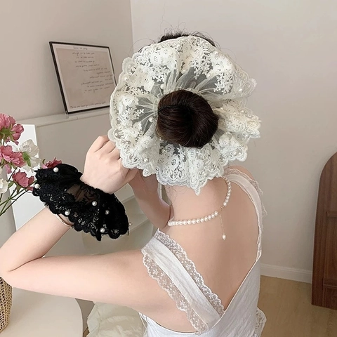Franse Elegante Kant Kunstparel Scrunchie Groot Geborduurd Gaas Haarelastiek Retro Bloemen Haartouw Voor Vrouwen Haaraccessoires
