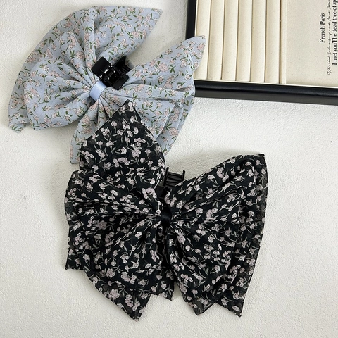 Franse Vintage Grote Chiffon Strik Haarklauw Elegante Bloemenpatroon Lint Haarclip Zoete Haaraccessoires Voor Vrouwen
