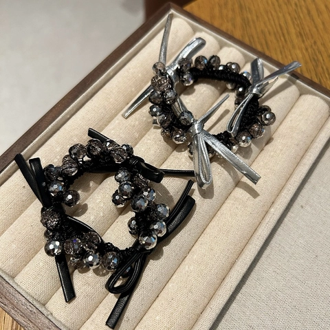 Korean Style Crystal Beaded Bowknot Elastic Hair Ties Elegant Black Silver Ponytail Holder For Women Fashion Hair Accessories