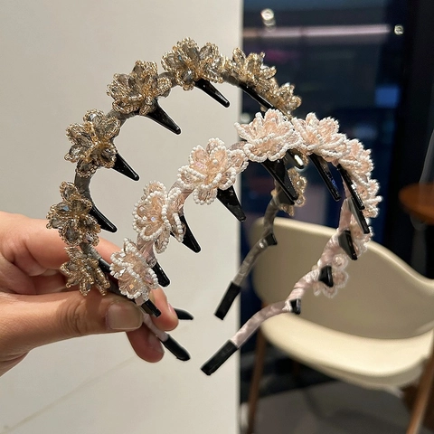 Handgefertigter Perlen Blumen Stirnband Mit Zähnen Vintage Strass Floral Haarreifen Für Damen Koreanischer Stil Haarschmuck