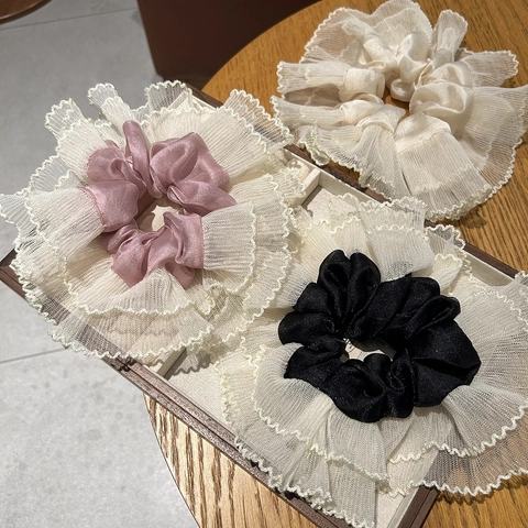 Γαλλικού Στυλ Υπερμέγεθες Scrunchie με Δαντέλα Κομψό Σατέν Patchwork Mesh Λάστιχο Μαλλιών Ρετρό Μεγάλο Στήριγμα Αλογοουράς Γυναίκες