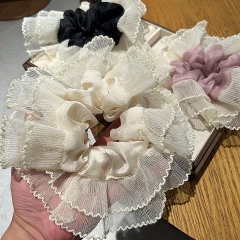 Γαλλικού Στυλ Υπερμέγεθες Scrunchie με Δαντέλα Κομψό Σατέν Patchwork Mesh Λάστιχο Μαλλιών Ρετρό Μεγάλο Στήριγμα Αλογοουράς Γυναίκες